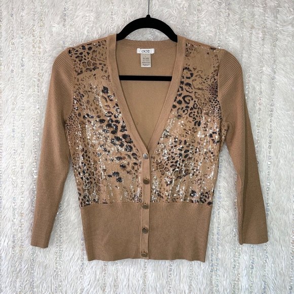 Vintage Cache Cropped Cardigan Sweater SMALL Tan Animal Print Gold Sequin *FLAW* - Picture 1 of 10